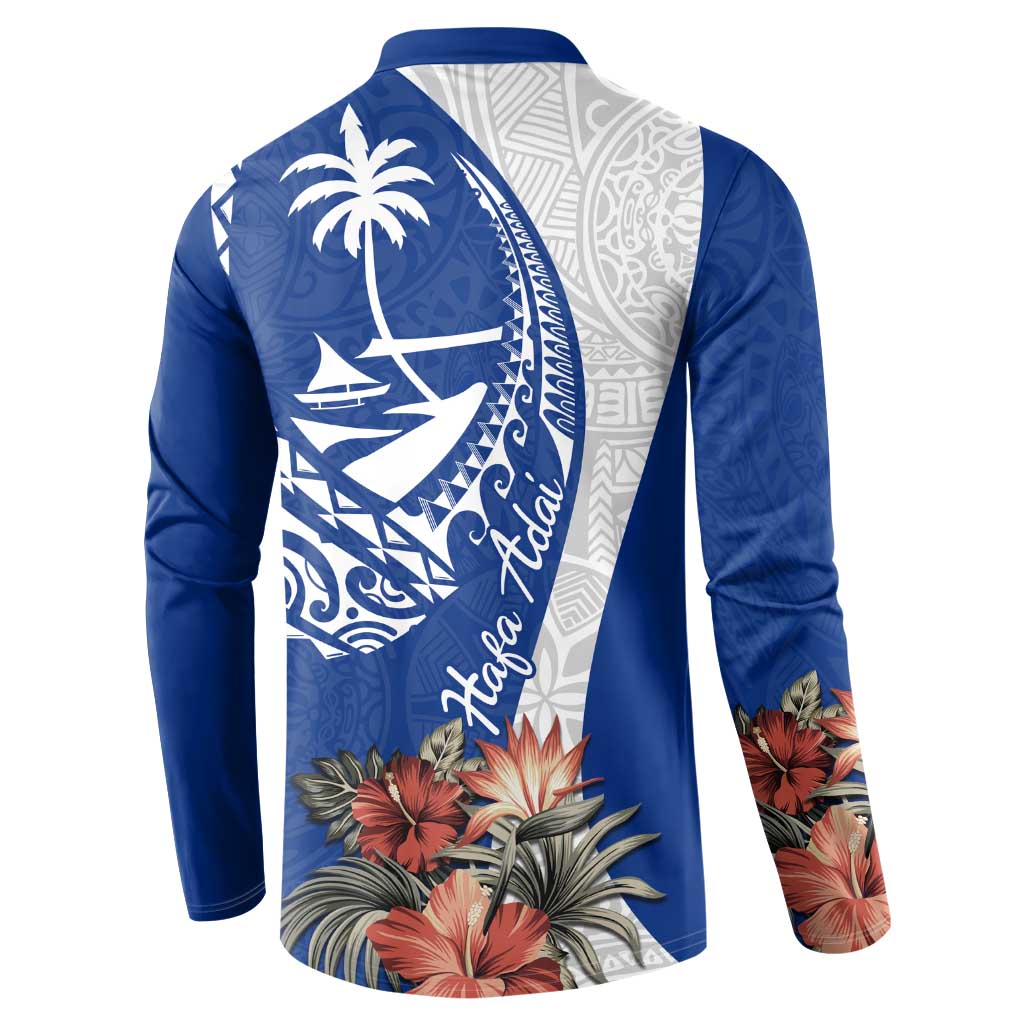 Blue Guam Hafa Adai Button Sweatshirt Tropical Flowers with Polynesian Pattern