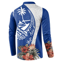 Blue Guam Hafa Adai Button Sweatshirt Tropical Flowers with Polynesian Pattern