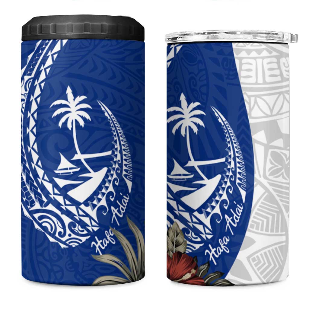 Blue Guam Hafa Adai 4 in 1 Can Cooler Tumbler Tropical Flowers with Polynesian Pattern