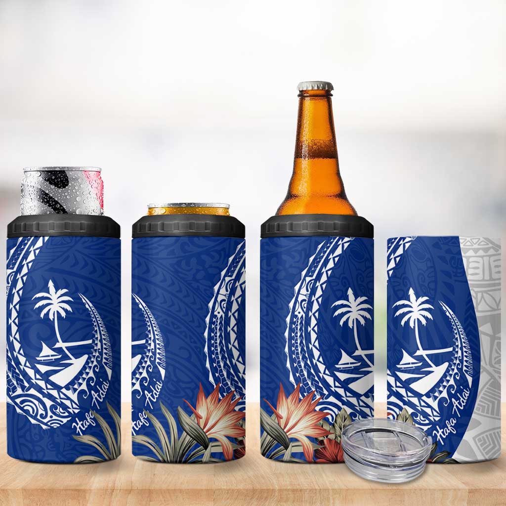 Blue Guam Hafa Adai 4 in 1 Can Cooler Tumbler Tropical Flowers with Polynesian Pattern