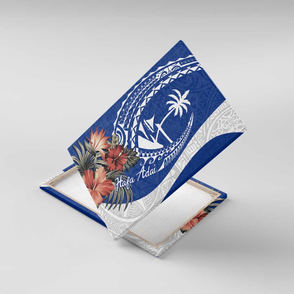 Blue Guam Hafa Adai Canvas Wall Art Tropical Flowers with Polynesian Pattern LT9 With Frame Blue - Polynesian Pride
