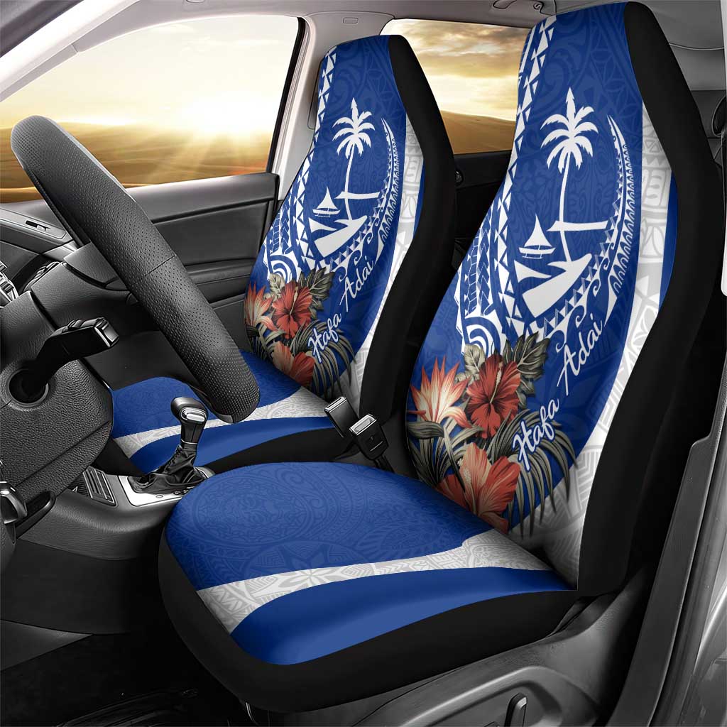 Blue Guam Hafa Adai Car Seat Cover Tropical Flowers with Polynesian Pattern