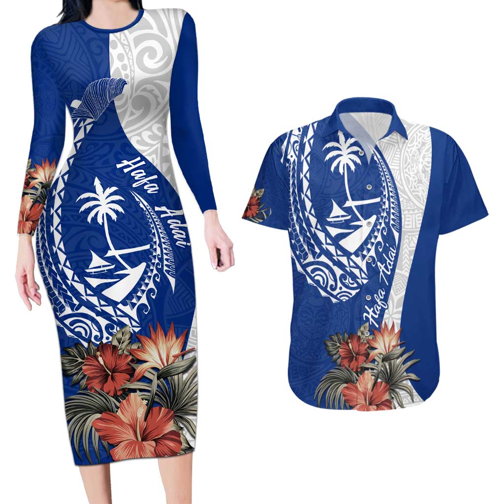 Blue Guam Hafa Adai Couples Matching Long Sleeve Bodycon Dress and Hawaiian Shirt Tropical Flowers with Polynesian Pattern