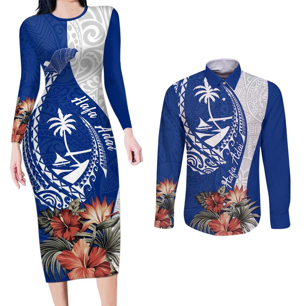 Blue Guam Hafa Adai Couples Matching Long Sleeve Bodycon Dress and Long Sleeve Button Shirt Tropical Flowers with Polynesian Pattern