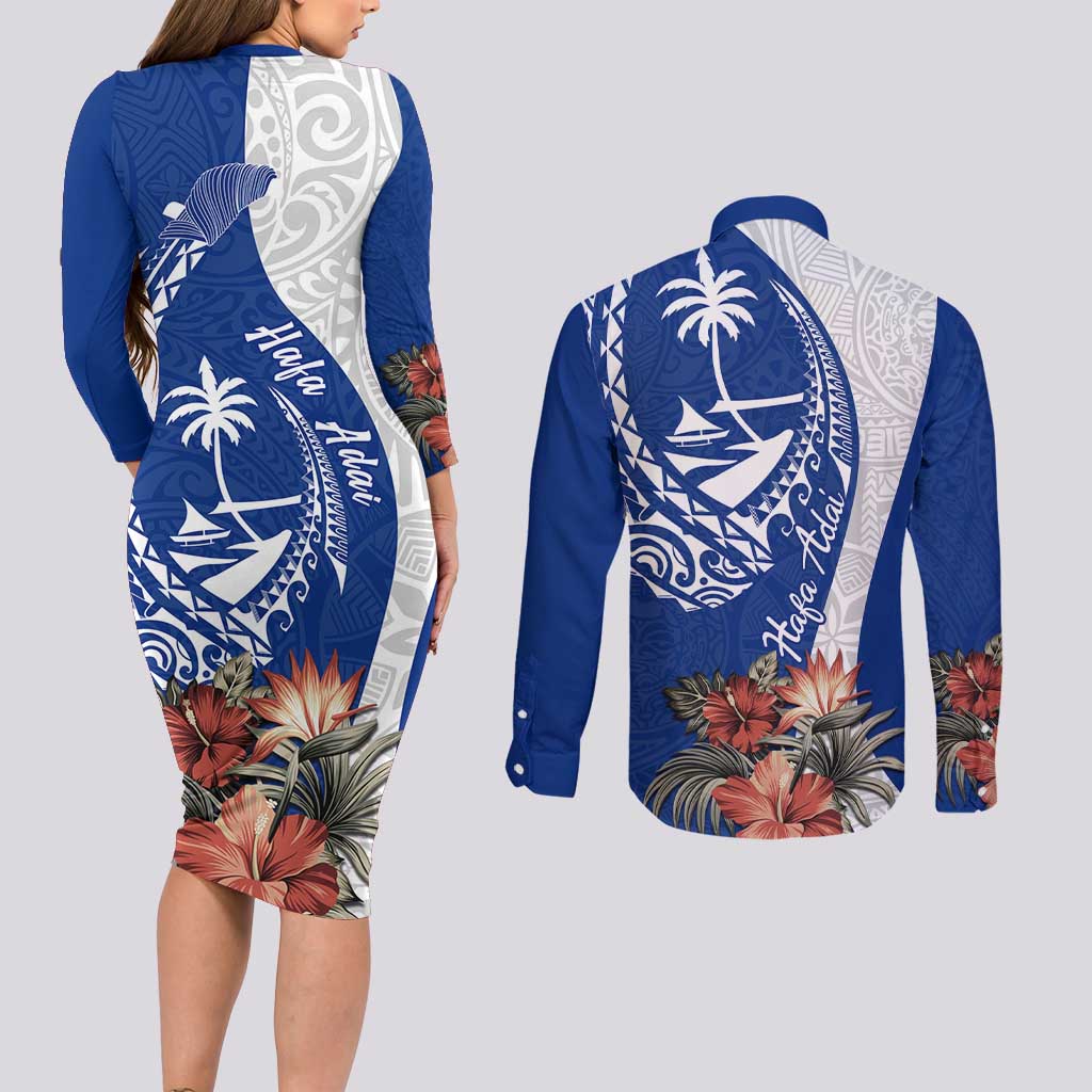 Blue Guam Hafa Adai Couples Matching Long Sleeve Bodycon Dress and Long Sleeve Button Shirt Tropical Flowers with Polynesian Pattern