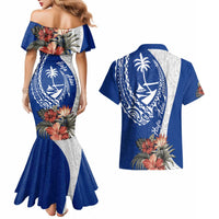 Blue Guam Hafa Adai Couples Matching Mermaid Dress and Hawaiian Shirt Tropical Flowers with Polynesian Pattern