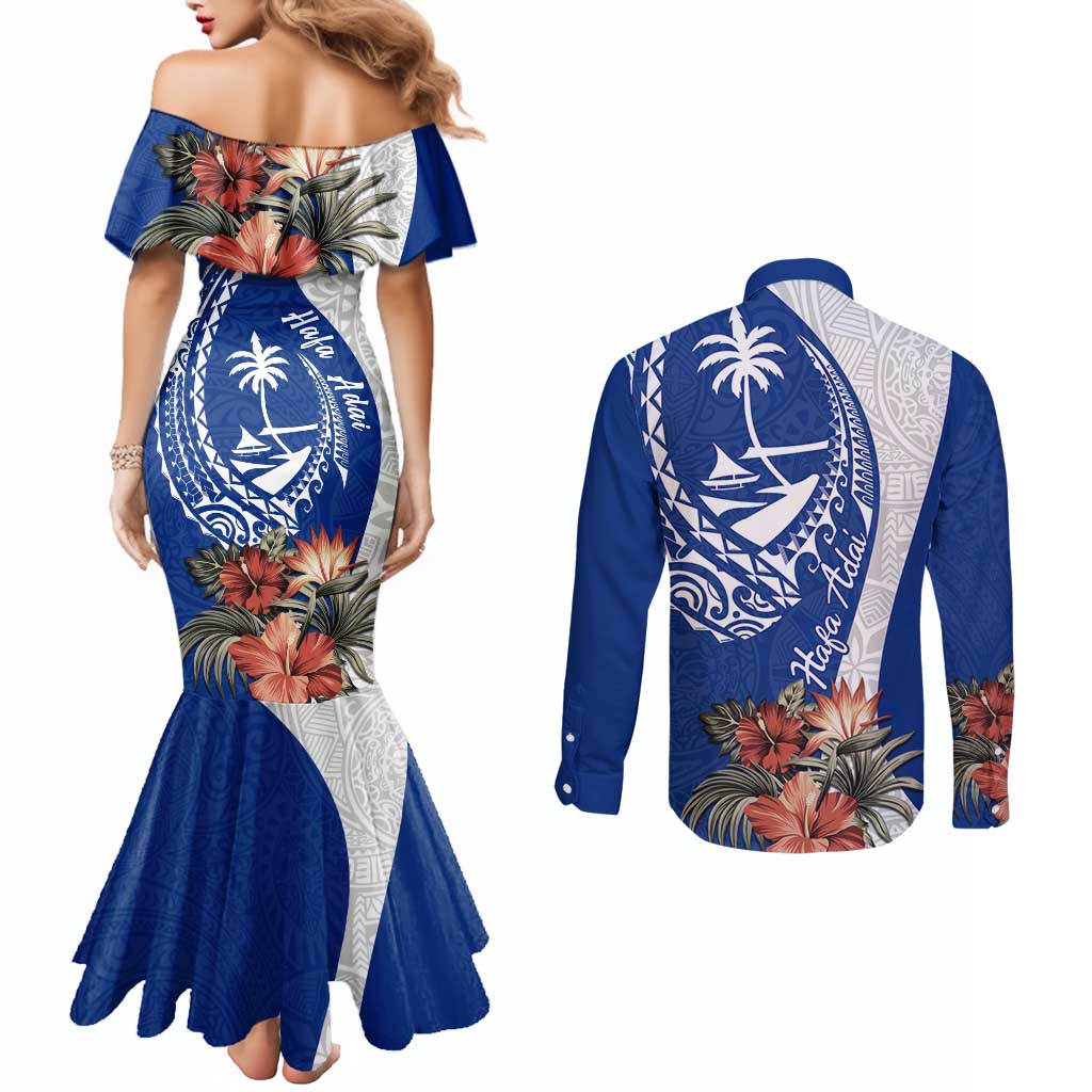 Blue Guam Hafa Adai Couples Matching Mermaid Dress and Long Sleeve Button Shirt Tropical Flowers with Polynesian Pattern