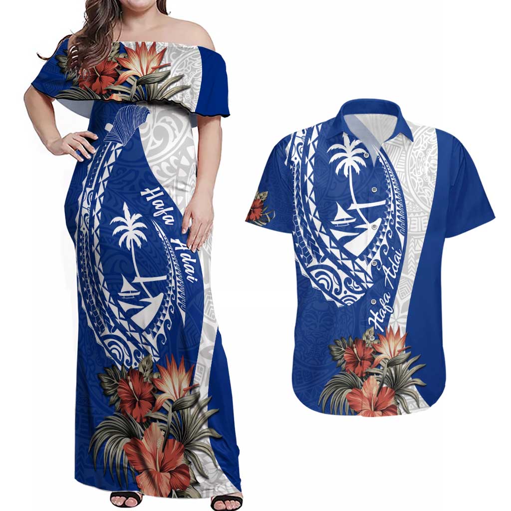 Blue Guam Hafa Adai Couples Matching Off Shoulder Maxi Dress and Hawaiian Shirt Tropical Flowers with Polynesian Pattern