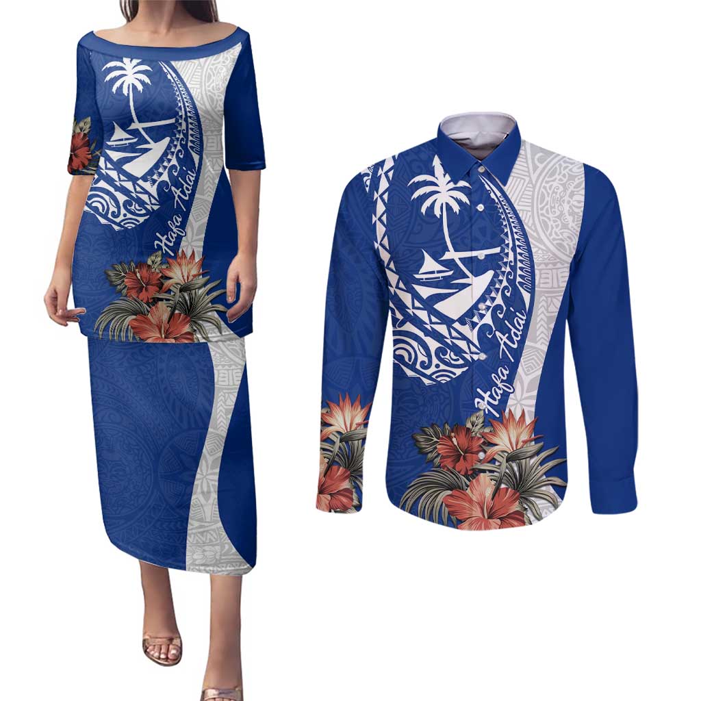 Blue Guam Hafa Adai Couples Matching Puletasi and Long Sleeve Button Shirt Tropical Flowers with Polynesian Pattern
