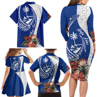 Blue Guam Hafa Adai Family Matching Long Sleeve Bodycon Dress and Hawaiian Shirt Tropical Flowers with Polynesian Pattern