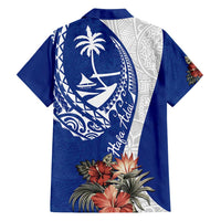 Blue Guam Hafa Adai Family Matching Long Sleeve Bodycon Dress and Hawaiian Shirt Tropical Flowers with Polynesian Pattern