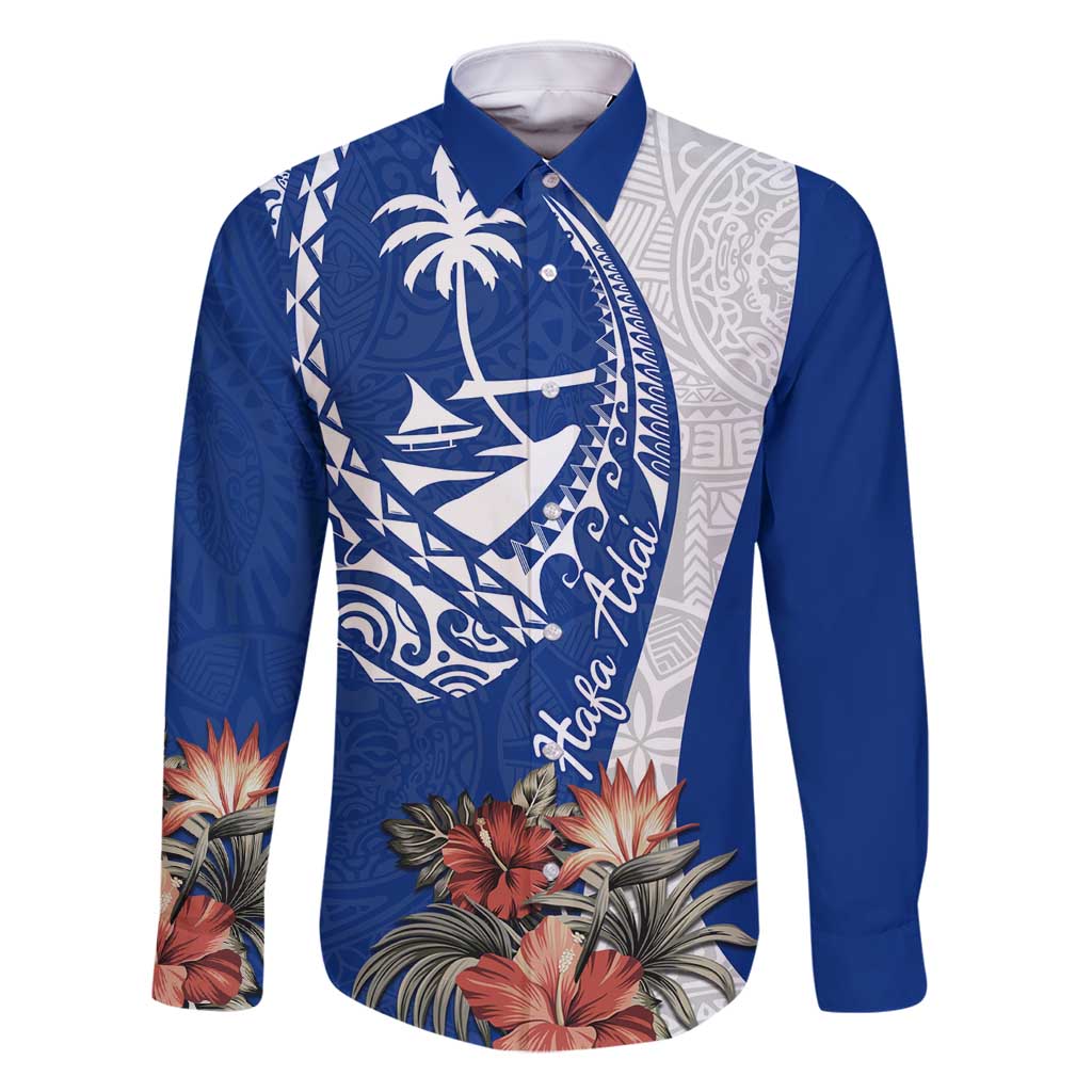 Blue Guam Hafa Adai Family Matching Long Sleeve Bodycon Dress and Hawaiian Shirt Tropical Flowers with Polynesian Pattern