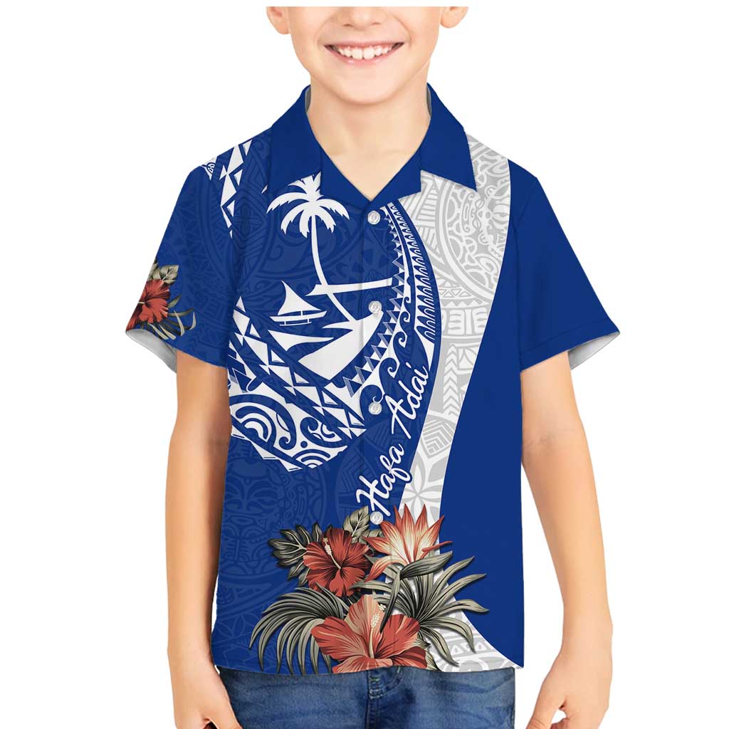 Blue Guam Hafa Adai Family Matching Mermaid Dress and Hawaiian Shirt Tropical Flowers with Polynesian Pattern