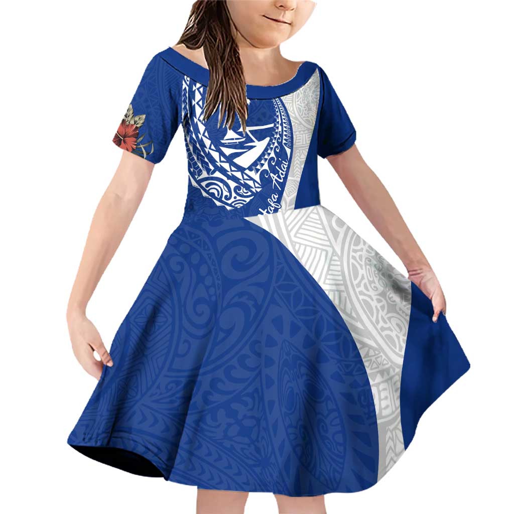 Blue Guam Hafa Adai Family Matching Off Shoulder Short Dress and Hawaiian Shirt Tropical Flowers with Polynesian Pattern