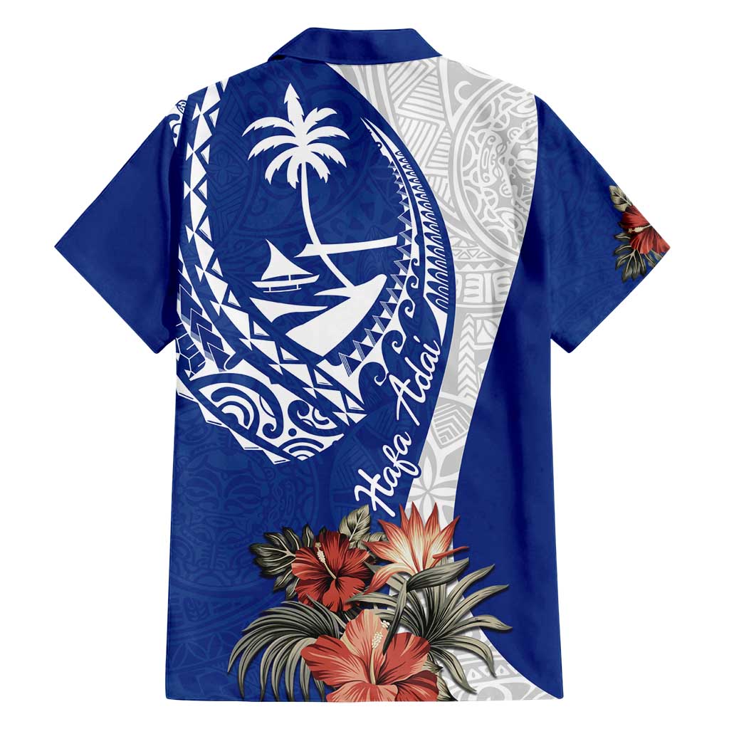 Blue Guam Hafa Adai Family Matching Off Shoulder Short Dress and Hawaiian Shirt Tropical Flowers with Polynesian Pattern