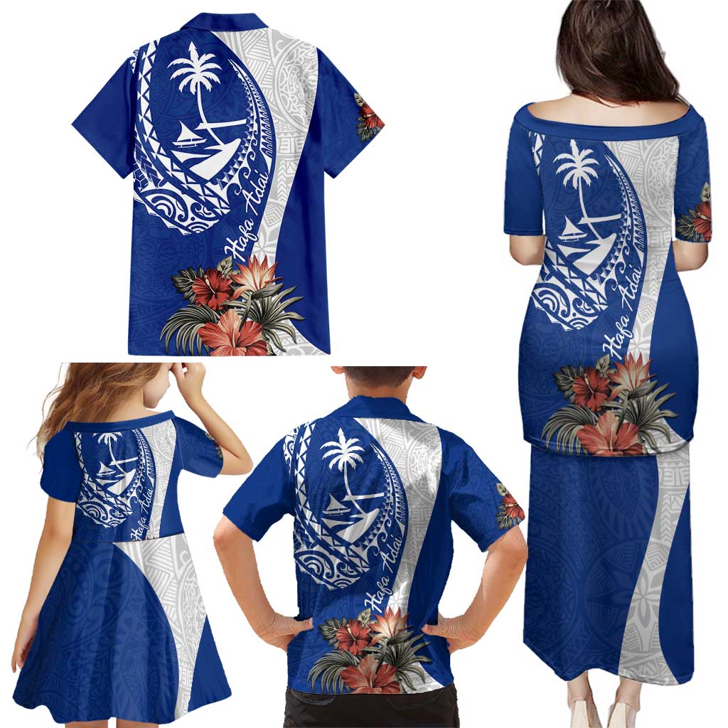 Blue Guam Hafa Adai Family Matching Puletasi and Hawaiian Shirt Tropical Flowers with Polynesian Pattern