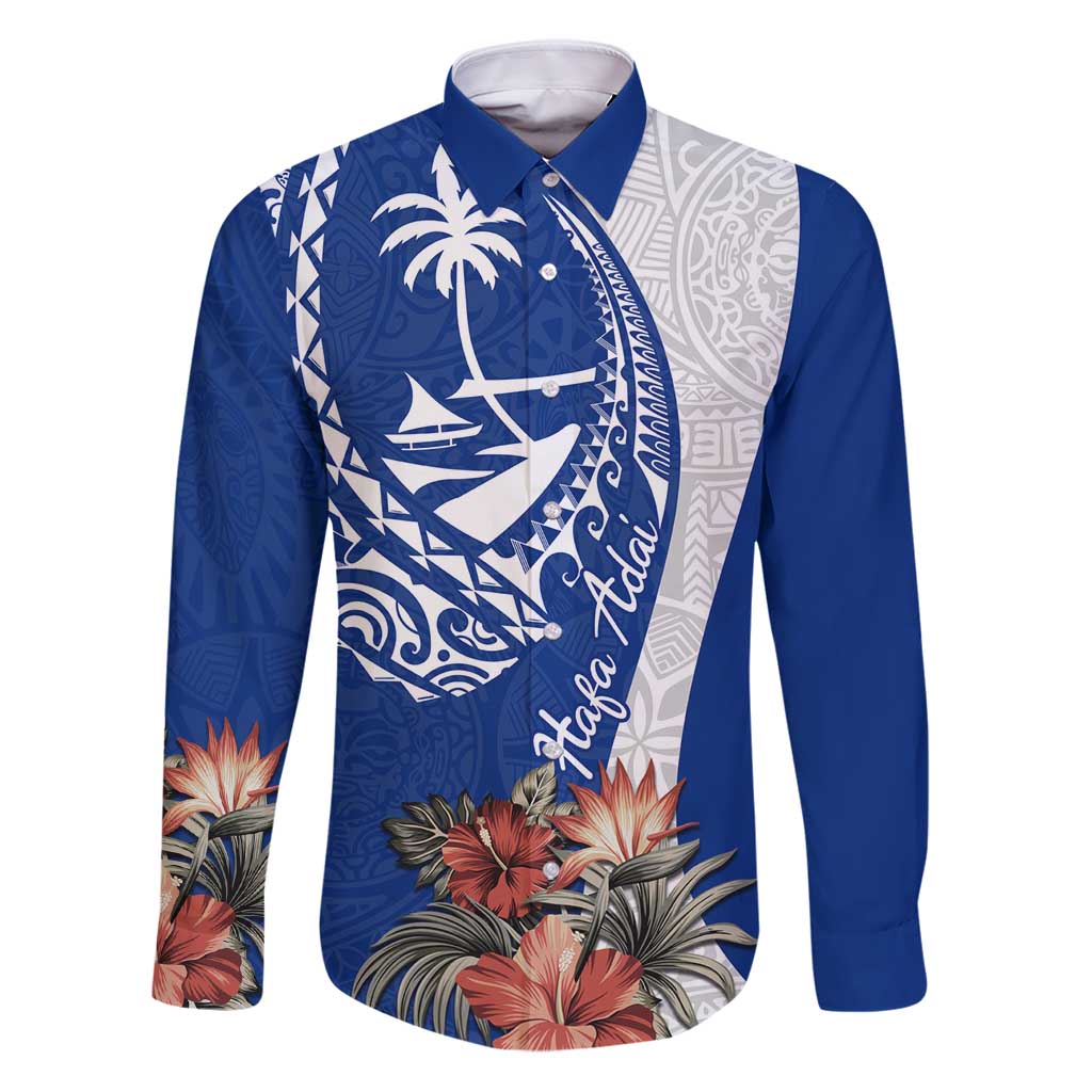 Blue Guam Hafa Adai Family Matching Puletasi and Hawaiian Shirt Tropical Flowers with Polynesian Pattern