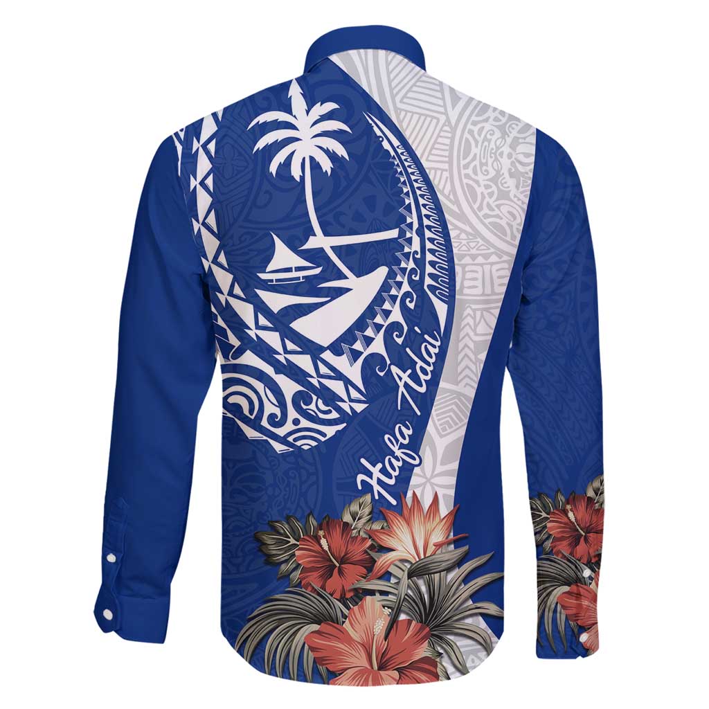 Blue Guam Hafa Adai Family Matching Puletasi and Hawaiian Shirt Tropical Flowers with Polynesian Pattern