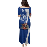 Blue Guam Hafa Adai Family Matching Puletasi and Hawaiian Shirt Tropical Flowers with Polynesian Pattern