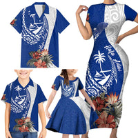 Blue Guam Hafa Adai Family Matching Short Sleeve Bodycon Dress and Hawaiian Shirt Tropical Flowers with Polynesian Pattern