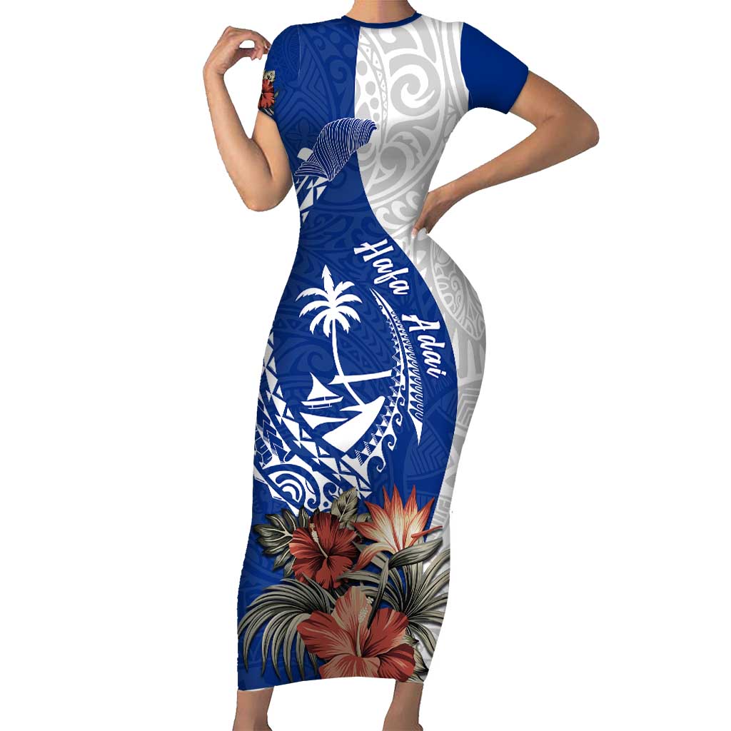 Blue Guam Hafa Adai Family Matching Short Sleeve Bodycon Dress and Hawaiian Shirt Tropical Flowers with Polynesian Pattern