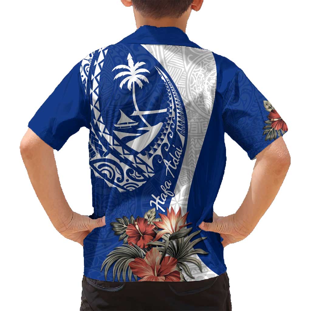 Blue Guam Hafa Adai Family Matching Tank Maxi Dress and Hawaiian Shirt Tropical Flowers with Polynesian Pattern
