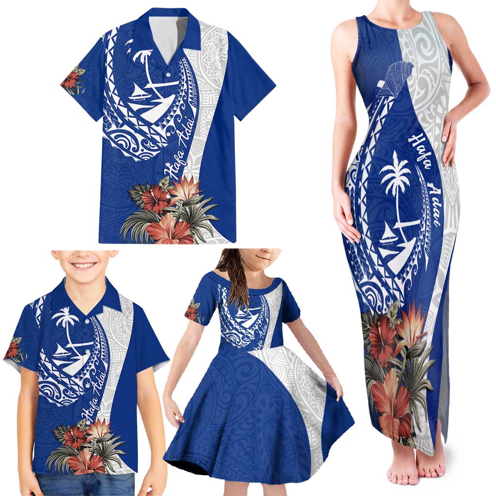 Blue Guam Hafa Adai Family Matching Tank Maxi Dress and Hawaiian Shirt Tropical Flowers with Polynesian Pattern