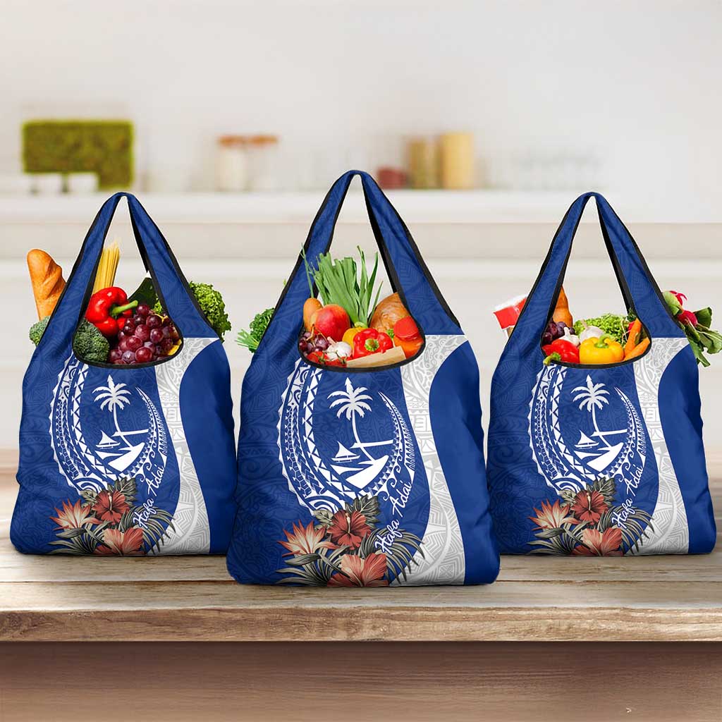 Blue Guam Hafa Adai Grocery Bag Tropical Flowers with Polynesian Pattern LT9 3-pack One Size Blue - Polynesian Pride