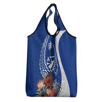 Blue Guam Hafa Adai Grocery Bag Tropical Flowers with Polynesian Pattern LT9 - Polynesian Pride