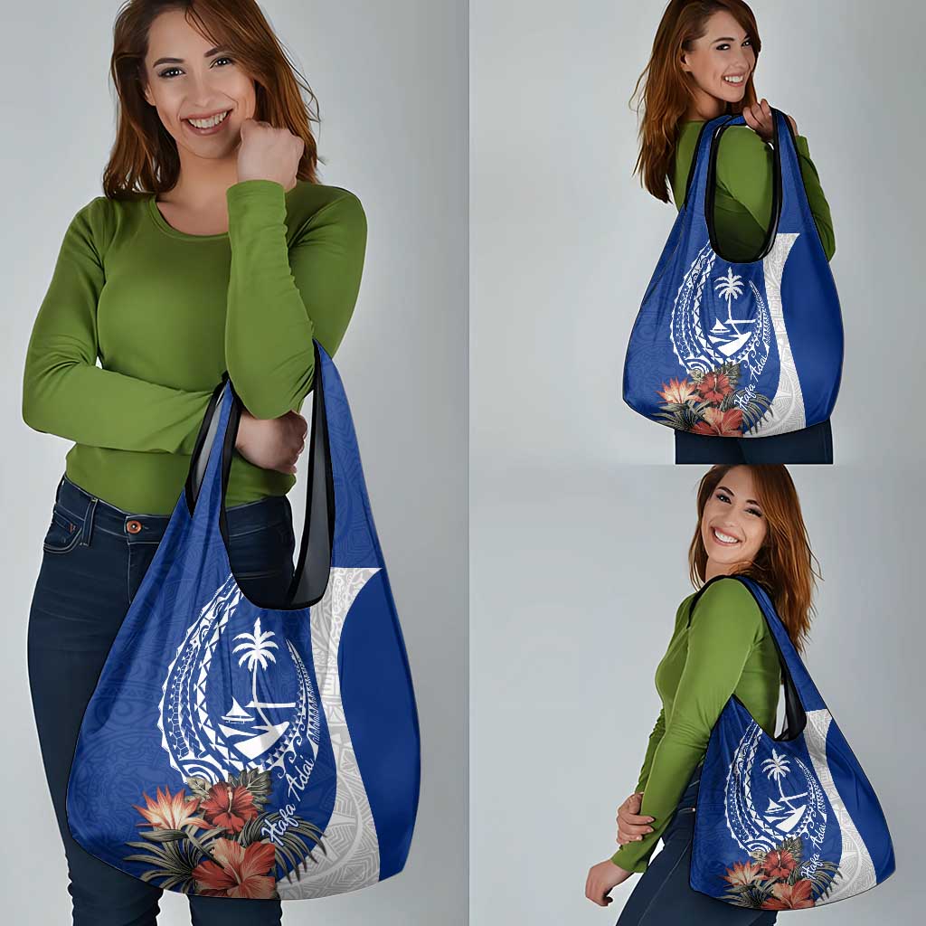 Blue Guam Hafa Adai Grocery Bag Tropical Flowers with Polynesian Pattern LT9 - Polynesian Pride