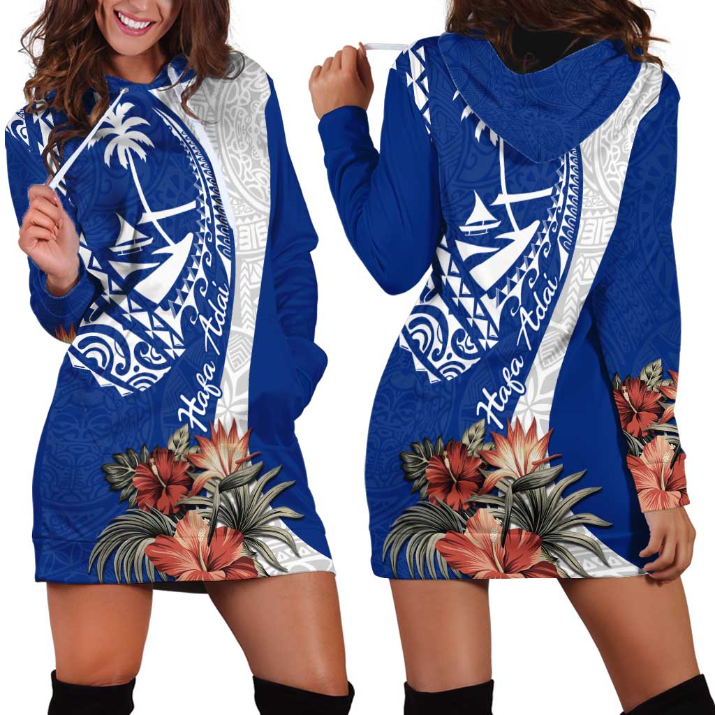 Blue Guam Hafa Adai Hoodie Dress Tropical Flowers with Polynesian Pattern