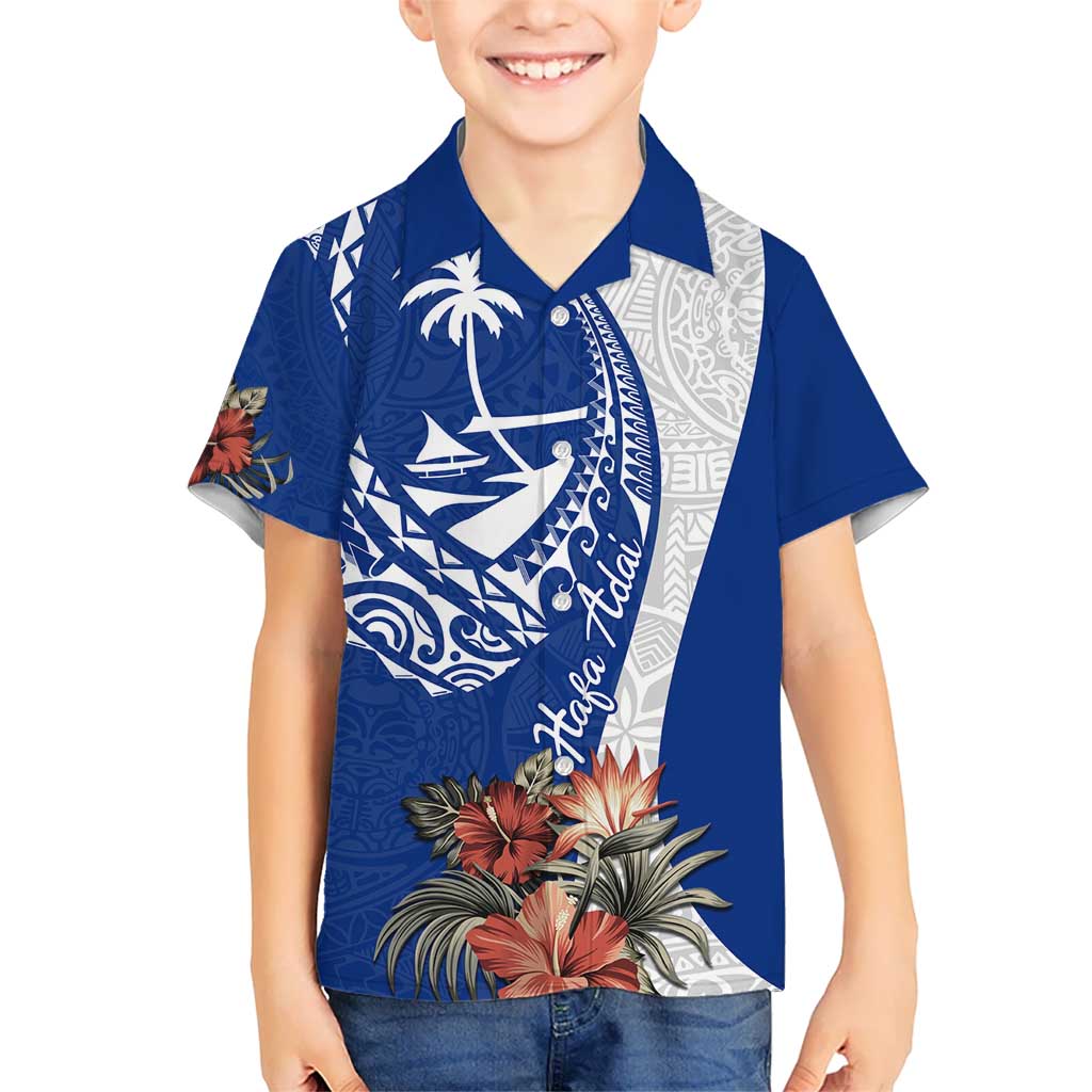 Blue Guam Hafa Adai Kid Hawaiian Shirt Tropical Flowers with Polynesian Pattern