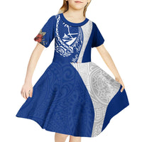 Blue Guam Hafa Adai Kid Short Sleeve Dress Tropical Flowers with Polynesian Pattern