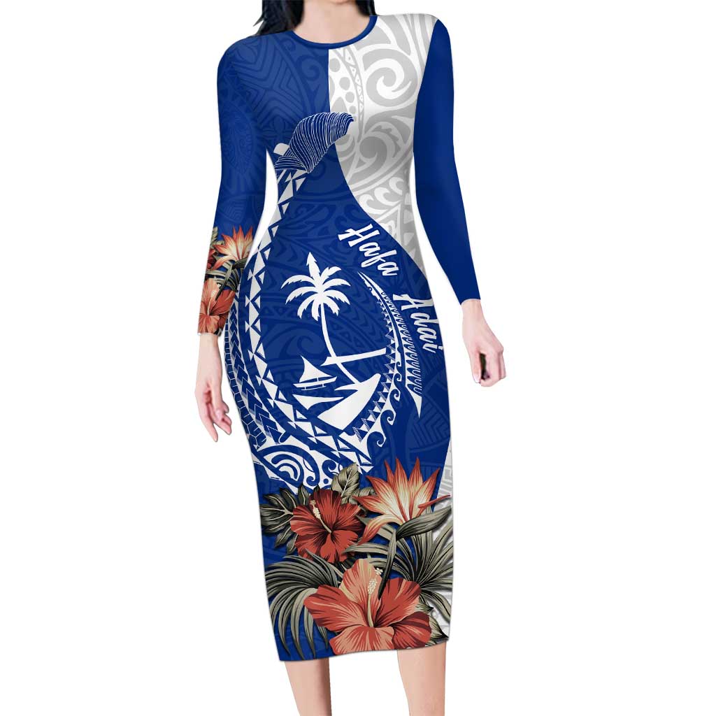 Blue Guam Hafa Adai Long Sleeve Bodycon Dress Tropical Flowers with Polynesian Pattern