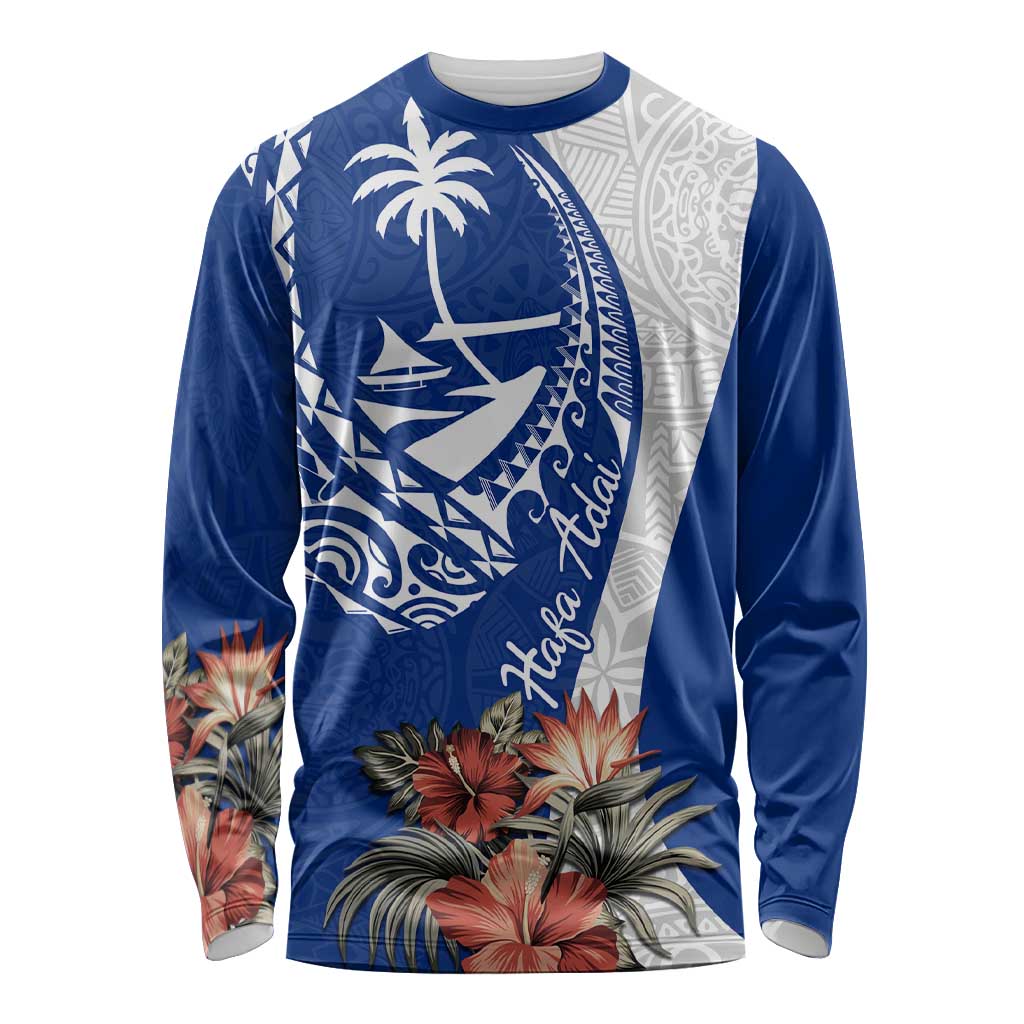 Blue Guam Hafa Adai Long Sleeve Shirt Tropical Flowers with Polynesian Pattern