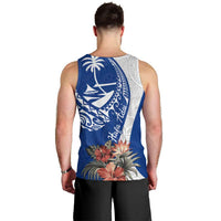 Blue Guam Hafa Adai Men Tank Top Tropical Flowers with Polynesian Pattern