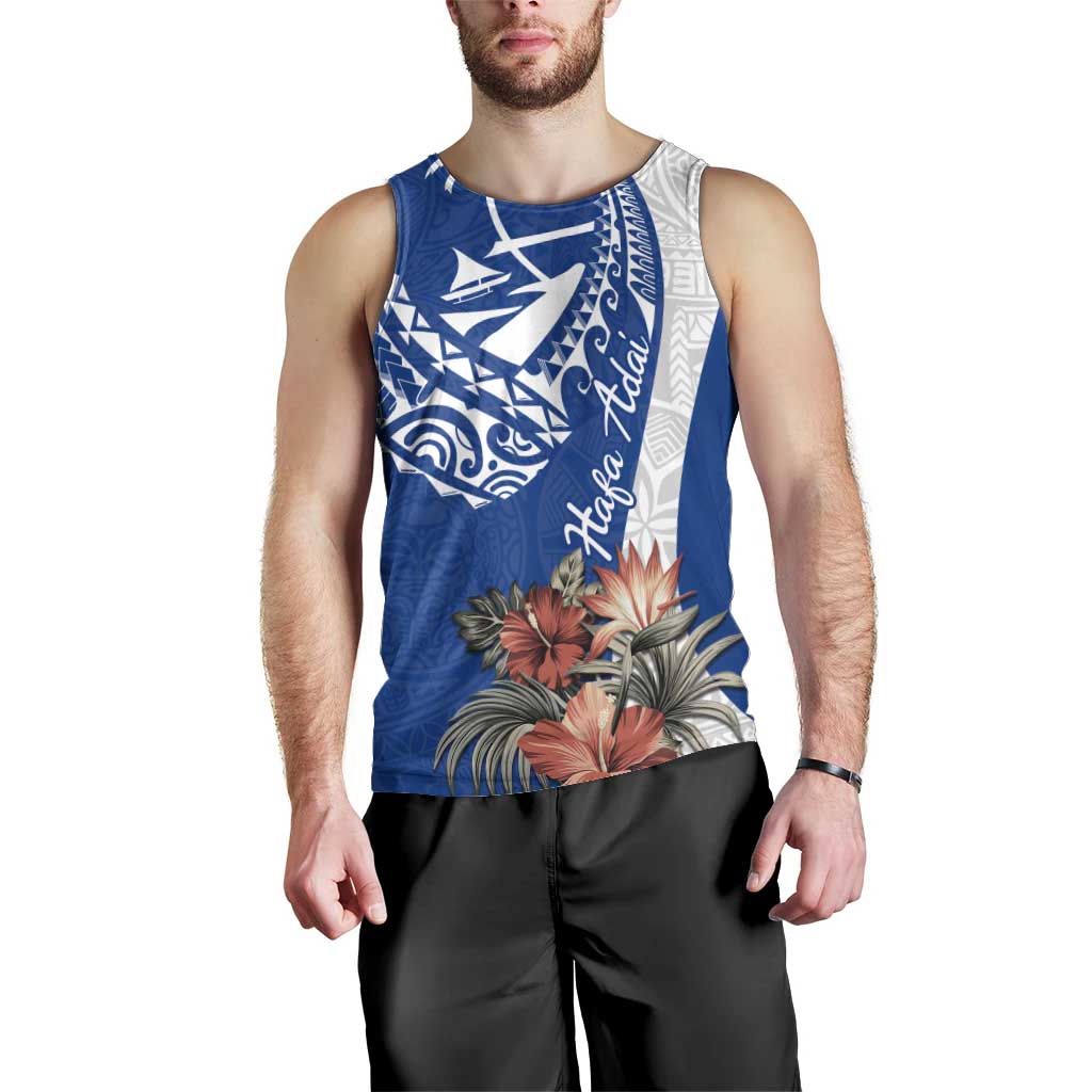 Blue Guam Hafa Adai Men Tank Top Tropical Flowers with Polynesian Pattern