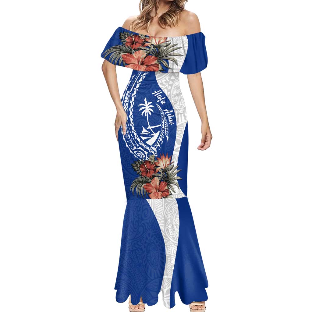 Blue Guam Hafa Adai Mermaid Dress Tropical Flowers with Polynesian Pattern