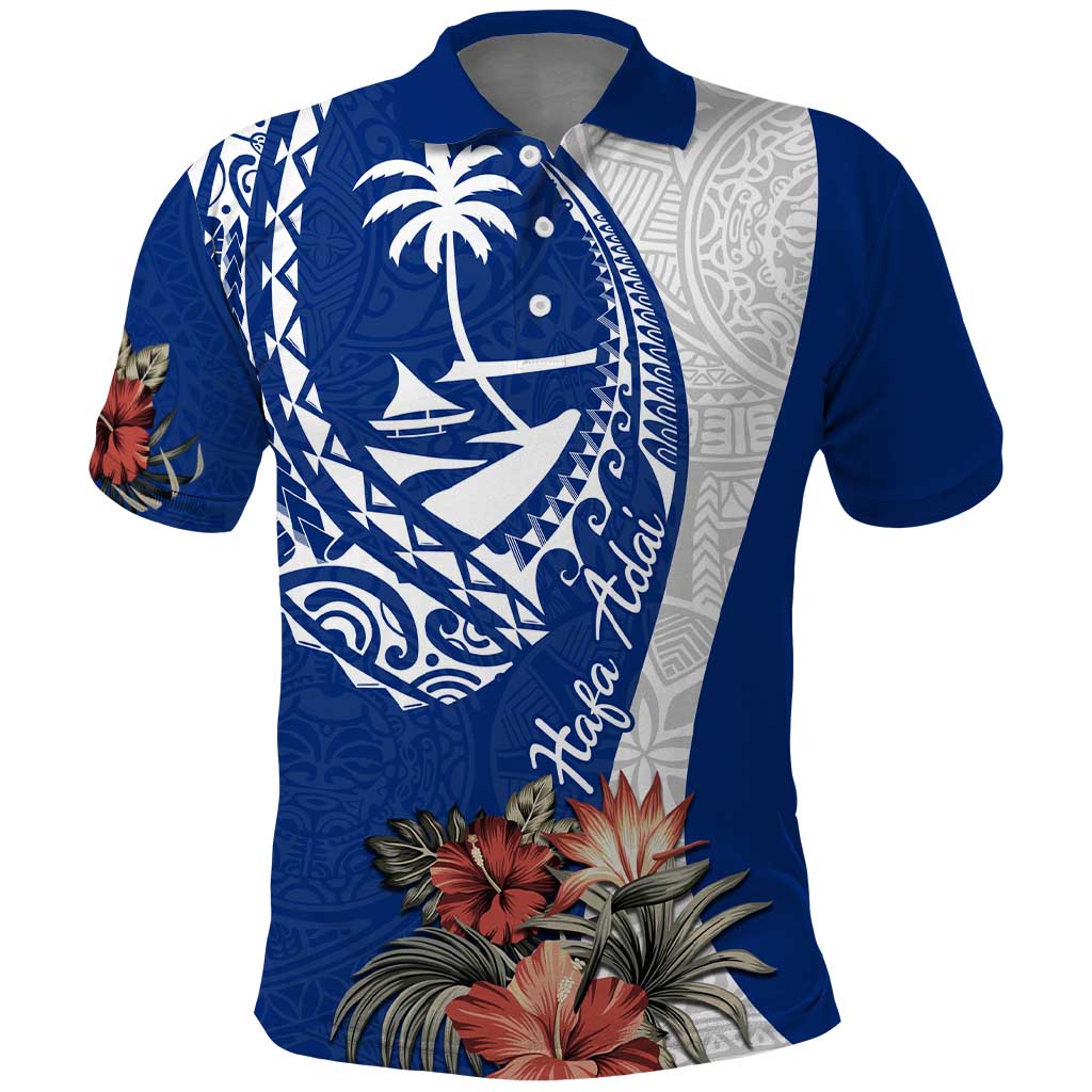 Blue Guam Hafa Adai Polo Shirt Tropical Flowers with Polynesian Pattern