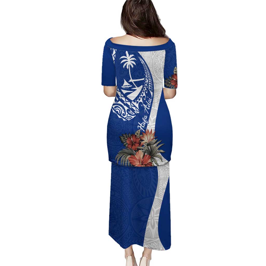 Blue Guam Hafa Adai Puletasi Tropical Flowers with Polynesian Pattern