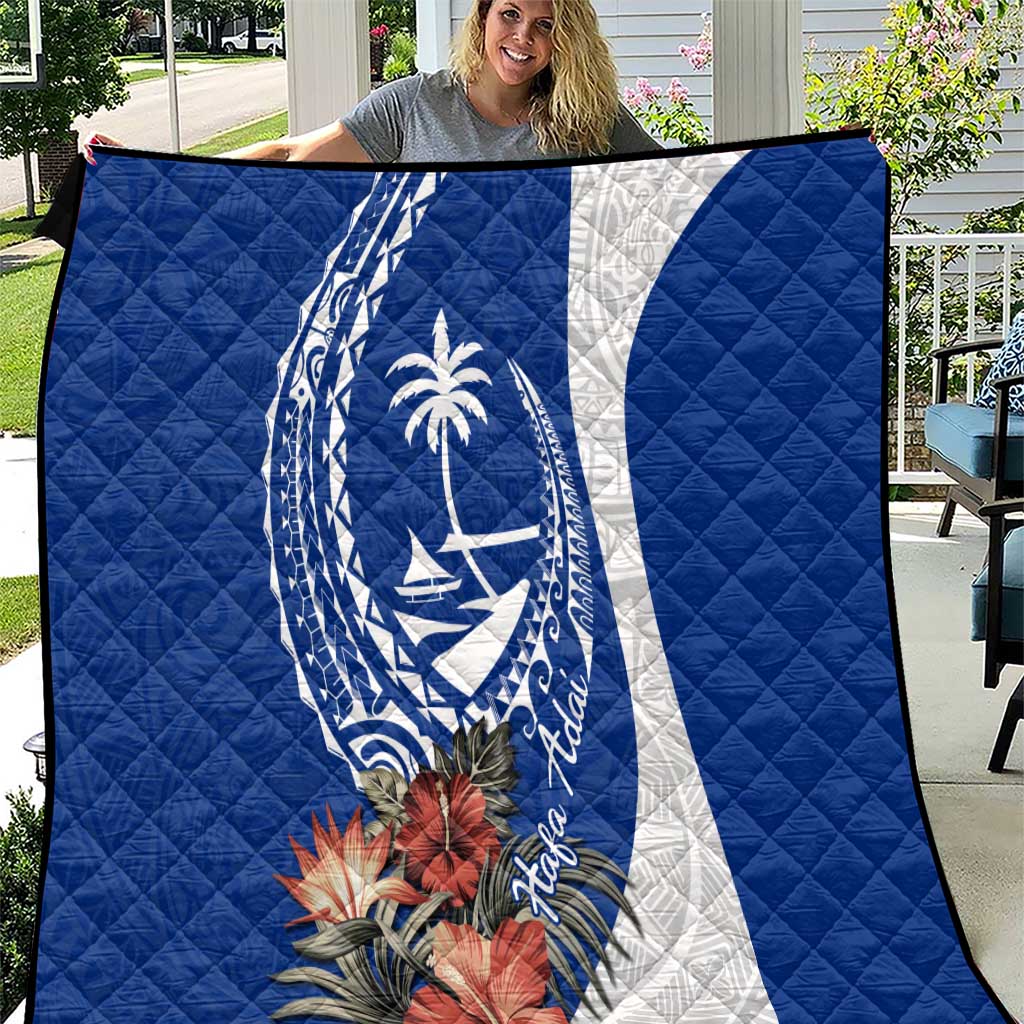 Blue Guam Hafa Adai Quilt Tropical Flowers with Polynesian Pattern