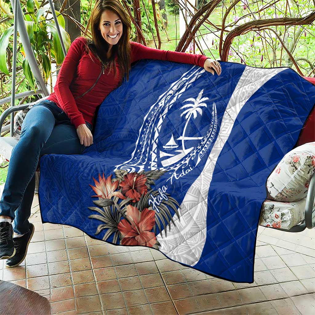 Blue Guam Hafa Adai Quilt Tropical Flowers with Polynesian Pattern