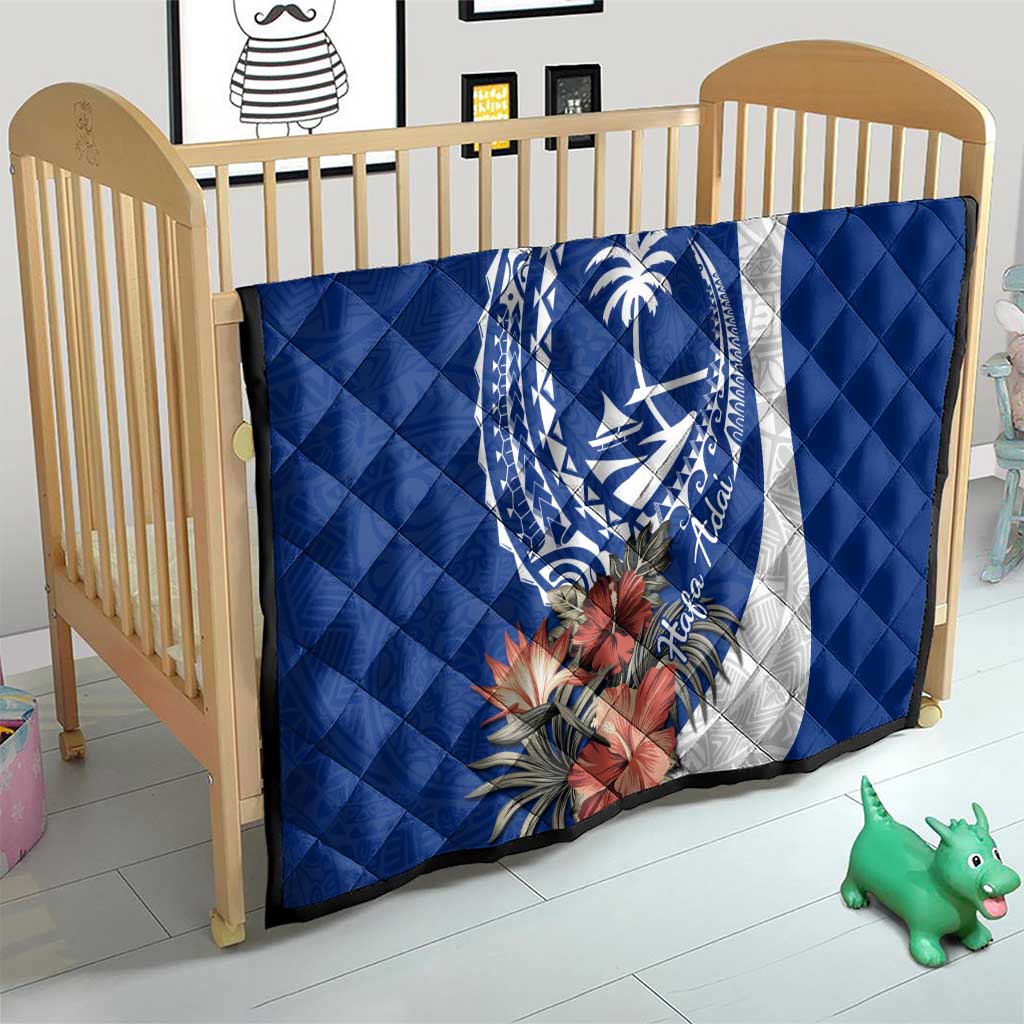 Blue Guam Hafa Adai Quilt Tropical Flowers with Polynesian Pattern