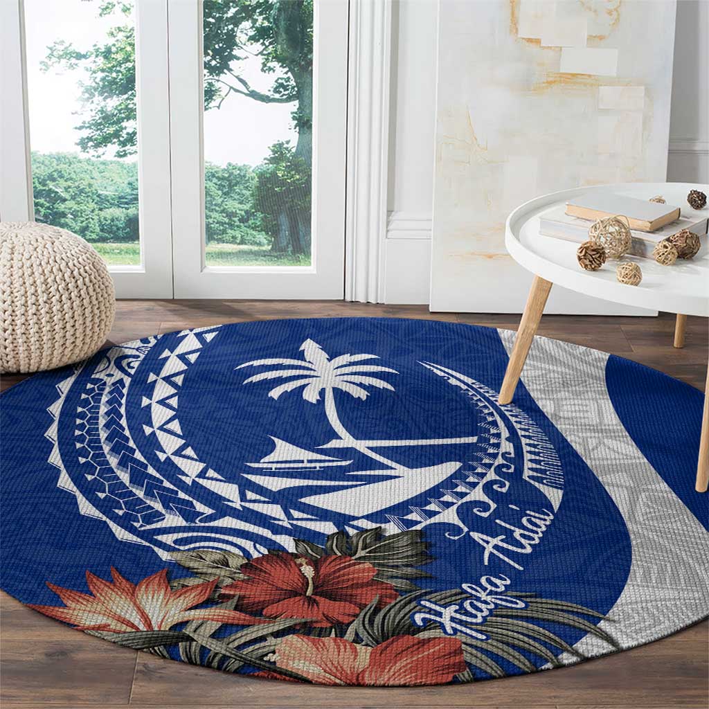 Blue Guam Hafa Adai Round Carpet Tropical Flowers with Polynesian Pattern