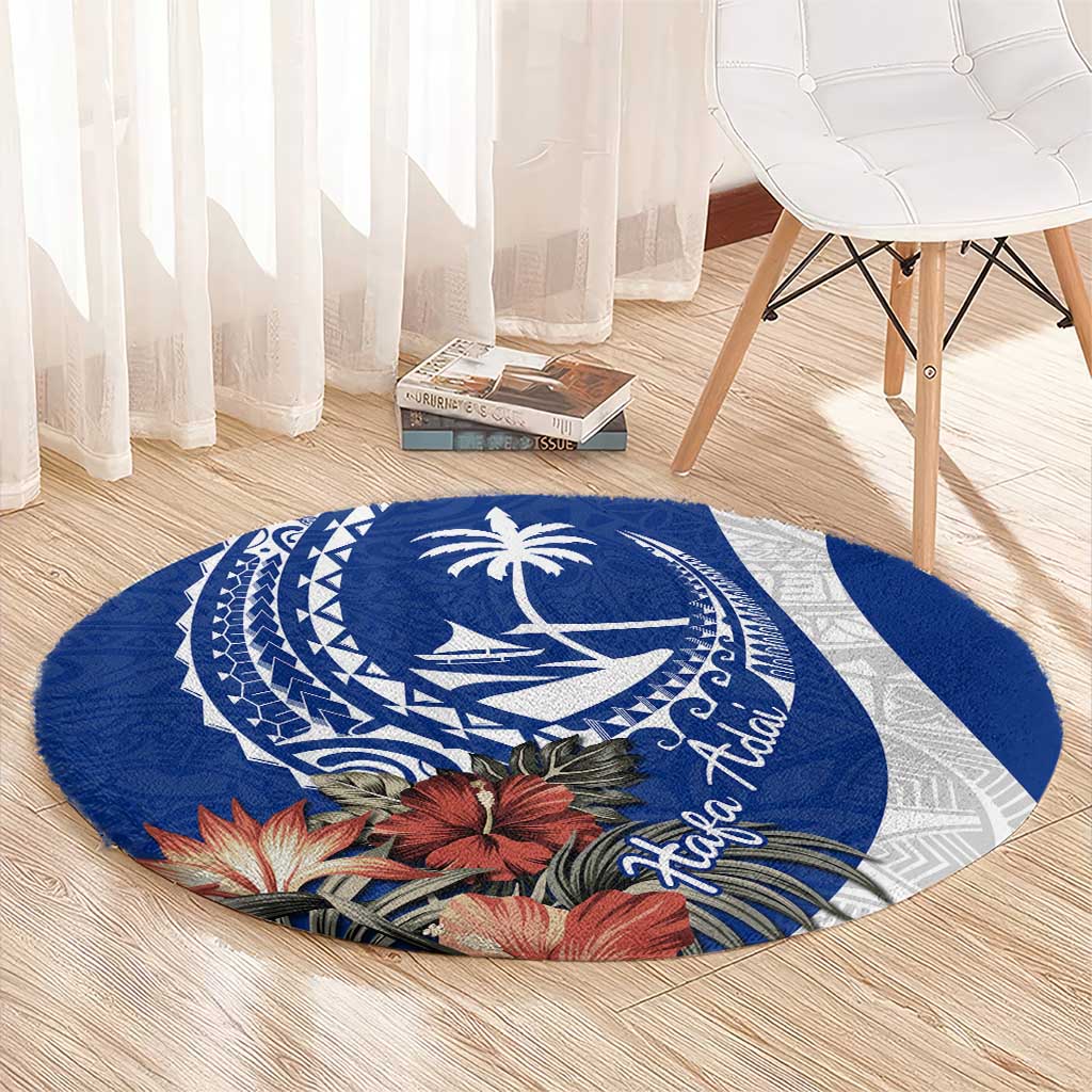 Blue Guam Hafa Adai Round Carpet Tropical Flowers with Polynesian Pattern