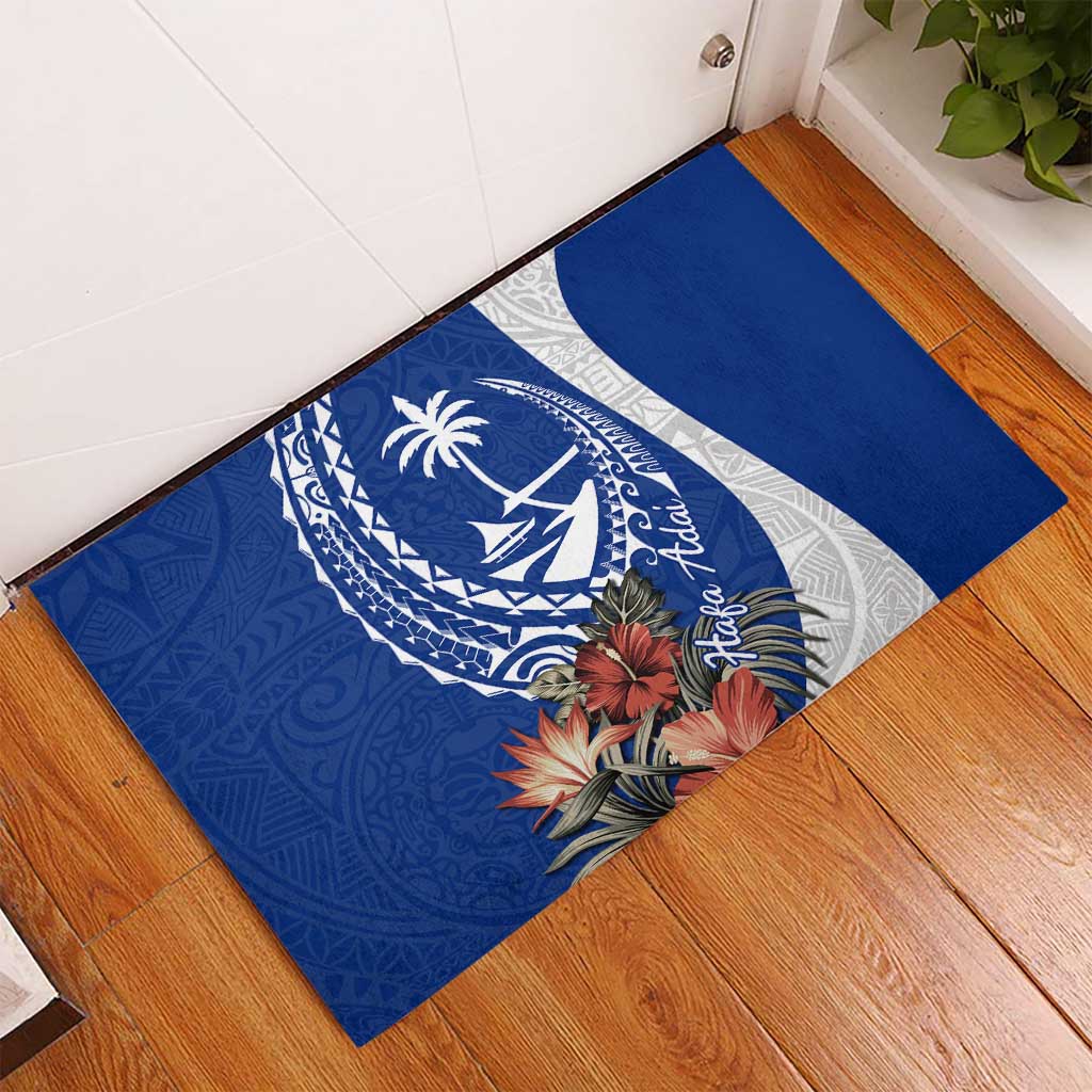 Blue Guam Hafa Adai Rubber Doormat Tropical Flowers with Polynesian Pattern