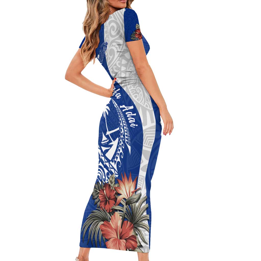 Blue Guam Hafa Adai Short Sleeve Bodycon Dress Tropical Flowers with Polynesian Pattern