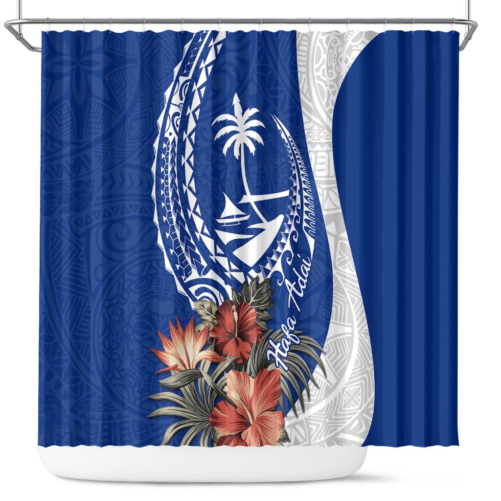 Blue Guam Hafa Adai Shower Curtain Tropical Flowers with Polynesian Pattern