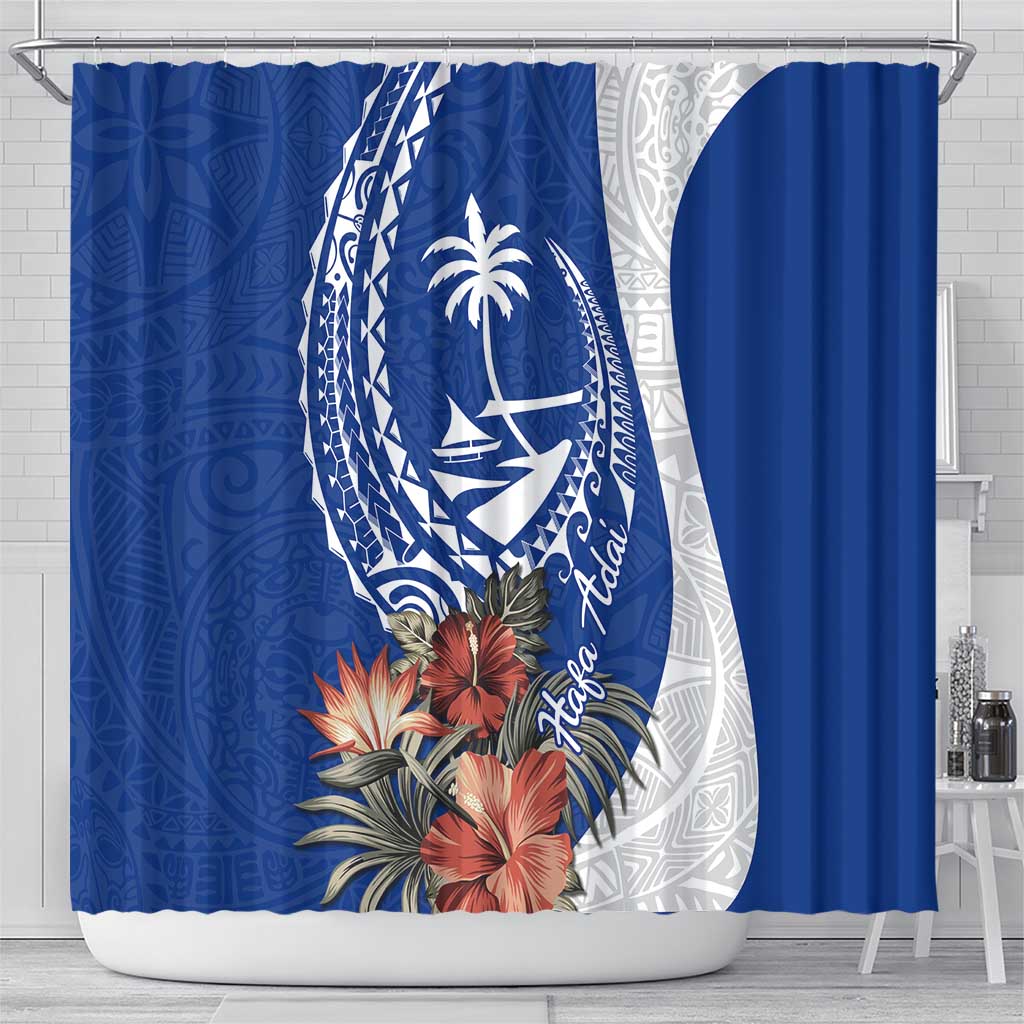 Blue Guam Hafa Adai Shower Curtain Tropical Flowers with Polynesian Pattern