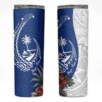 Blue Guam Hafa Adai Skinny Tumbler Tropical Flowers with Polynesian Pattern